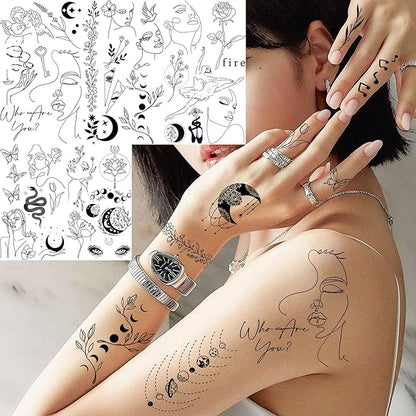 28 Sheets 220+ Minimalism Temporary Tattoos - Moon, Sun, Stars, Snakes, Flowers for Women, Men, Adults, Kids