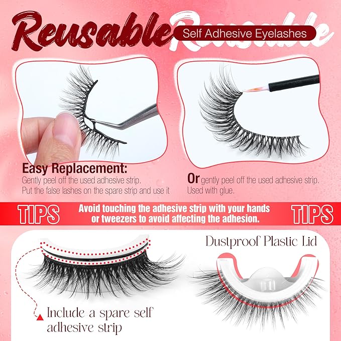 Self Adhesive Eyelashes Natural Look Press On Lashes No Glue Needed Wispy Reusable Self Adhesive Lashes without Eyeliner Clear Band Pre Glued Lashes Cat Eye Lashes Faux Mink Lashes 5 Pairs