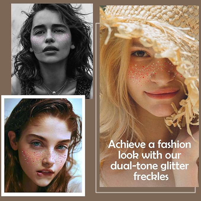 10 Pcs Rose-Silver Dual-Tone Glitter Freckles, Double Colors Glitter Face Tattoo, Waterproof Face Sparkle, Long-Lasting 48h Freckles for Women