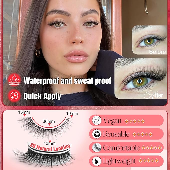 Self Adhesive Eyelashes Natural Look Press On Lashes No Glue Needed Wispy Reusable Self Adhesive Lashes without Eyeliner Clear Band Pre Glued Lashes Cat Eye Lashes Faux Mink Lashes 5 Pairs