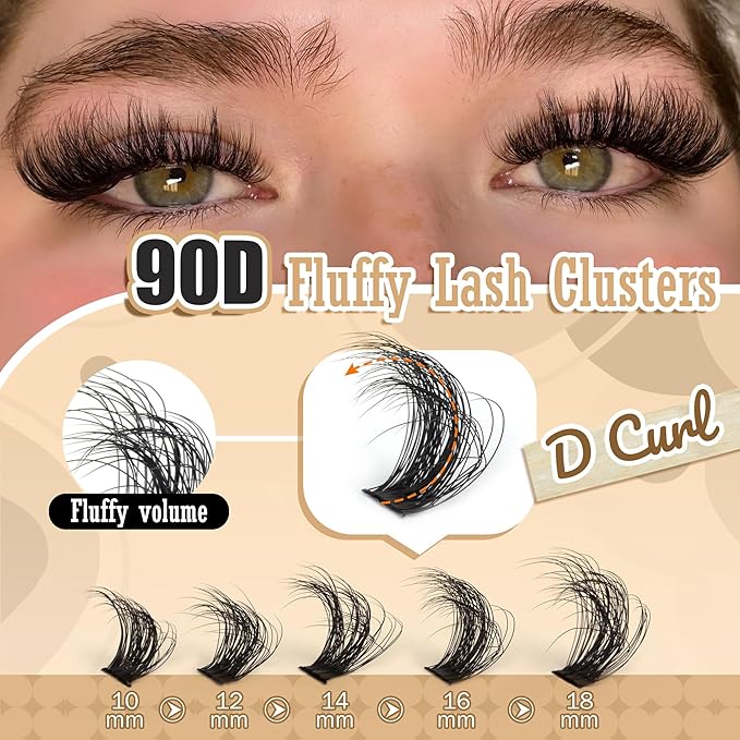 DIY Eyelash Extension Kit Volume Thick Lash Clusters Kit 10-18mm Thick Lash Extensions 90D Individual Eyelashes Extensions Kit with Lash Bond, Lash Remover, Lash Applicator (90D-D Curly-200Pcs)