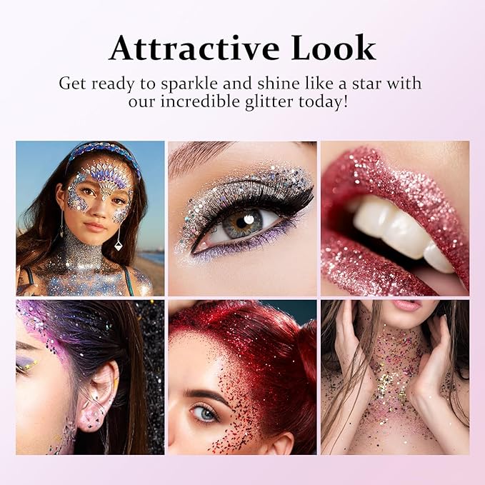 Long Lasting White Body Glitter Holographic Sparkling Cosmetic Grade Chunky Glitter for Face Hair (White)