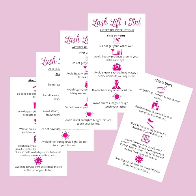 Lash Lift + Tint Aftercare Instruction Cards | 50 Pack | 2 x 3.5” inches Business Card Size | Eyelash Lift and Tint Kit at Home DIY aftercare Supplies | White with Pink Icon Design