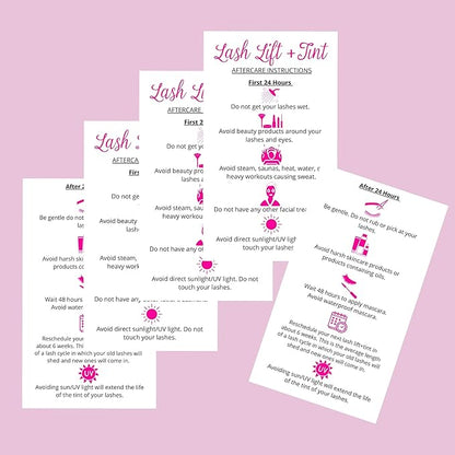 Lash Lift + Tint Aftercare Instruction Cards | 50 Pack | 2 x 3.5” inches Business Card Size | Eyelash Lift and Tint Kit at Home DIY aftercare Supplies | White with Pink Icon Design