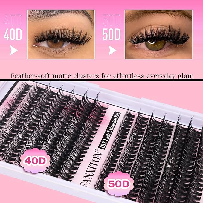 FANXITON DIY Lash Extension Kit Volume Lash Clusters 40D+50D D Curvature Individual Lashes Lash Clusters Kit Thick Eyelash Extension Kit 280 pcs Thin Band Cluster Lashes Lash Bond and Seal Tweezers