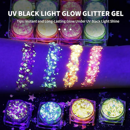 LATIBELL Glow in The Dark Body Face Glitter Gel for Women, 12 Colors Makeup Chunky Fine Glitter, UV Black Light Body/Face/Hair/Eyeshadow, Carnival Party(Not Loose Glitter)