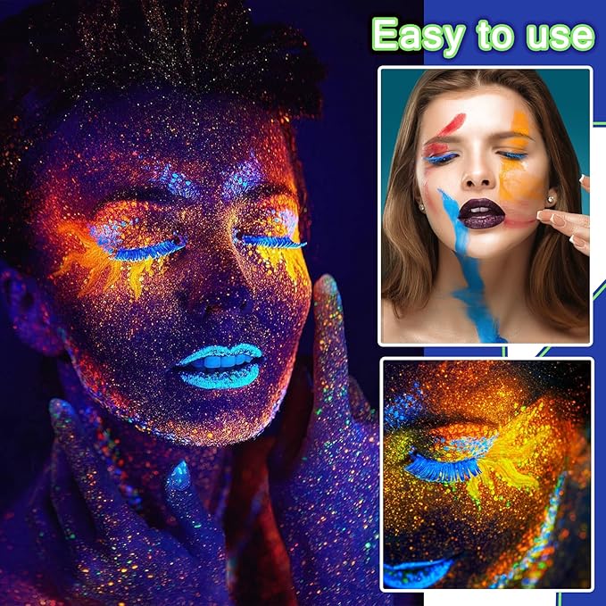 Glow in the Dark Face & Body Paint Set - 6 Colors, Professional Kit for Party, Cosplay, Blacklight Glow SFX Makeup, 10 ml