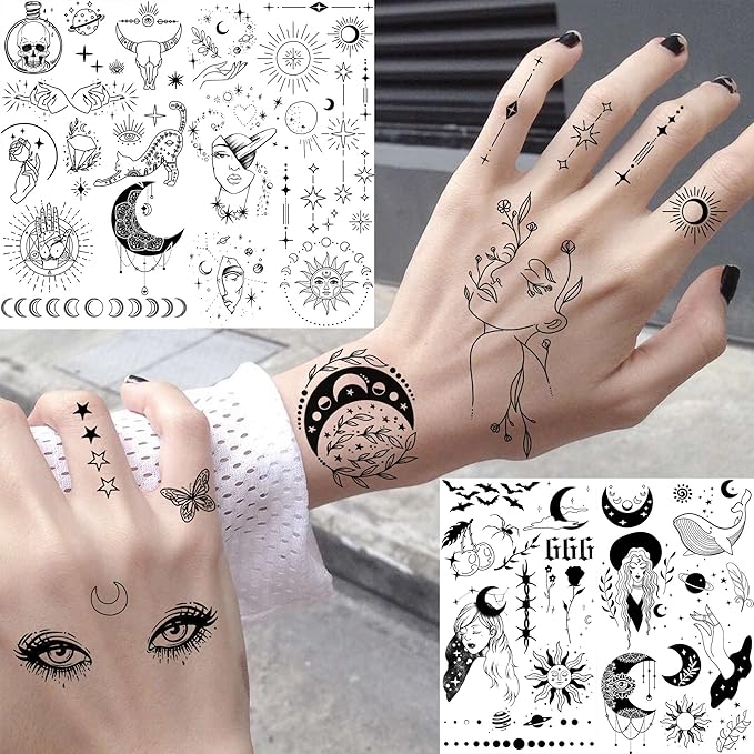 28 Sheets 220+ Minimalism Temporary Tattoos - Moon, Sun, Stars, Snakes, Flowers for Women, Men, Adults, Kids