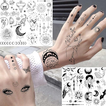 28 Sheets 220+ Minimalism Temporary Tattoos - Moon, Sun, Stars, Snakes, Flowers for Women, Men, Adults, Kids