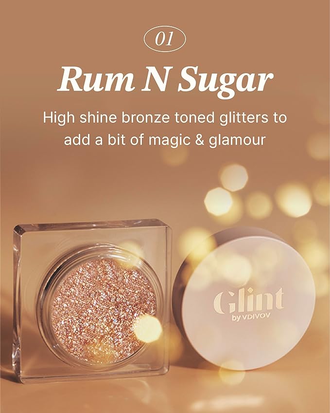 Glint Glitter Gel (Rum N Sugar, 0.13oz)& Stick Highlighter (Dewy Moon, 0.24oz) - Multi-Use Body Makeup for Eyes, Cheeks, Body, and Hair by LG Beauty. Rich Pigment, Long-Lasting Sparkle/Glitter for Par
