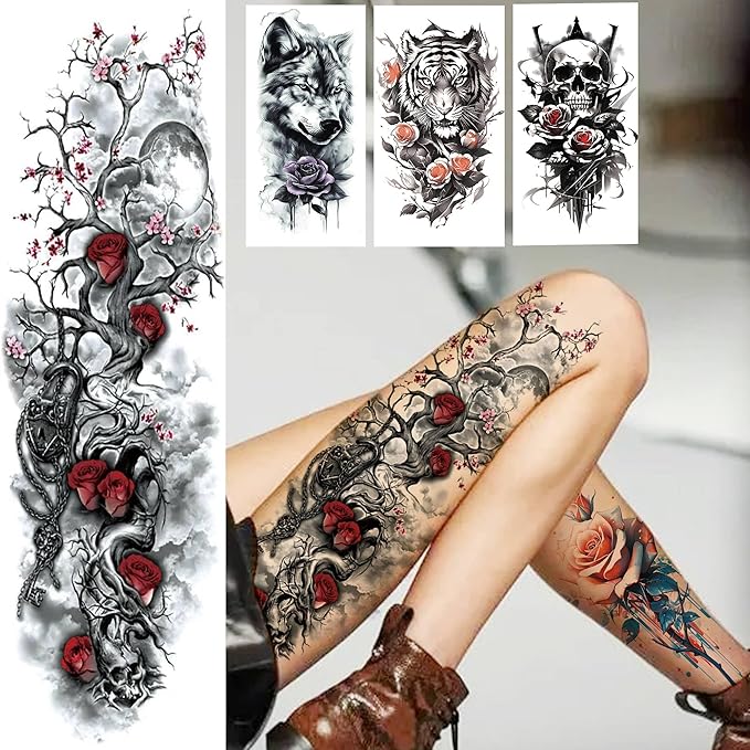 20 Sheets Sexy Rose Flower Full Arm Temporary Tattoos For Women Thigh, Lion Wolf Owl Fox Nun Girl Fake Tattoo Sleeve For Adults, Watercolor Floral Blossom Peacock Halloween Sleeve Tattoo Stickers