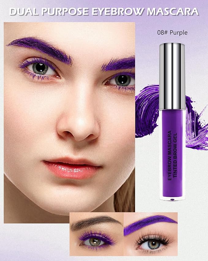 Purple Waterproof Mascara for Eyelashes Eyebrow, Long Lasting Tinted Brow Lash Extension Máscara, Curly Volumizing Eyebrow Mascara, Smudge Proof Non Clump Colored Brow Gel Eye Makeup for Women