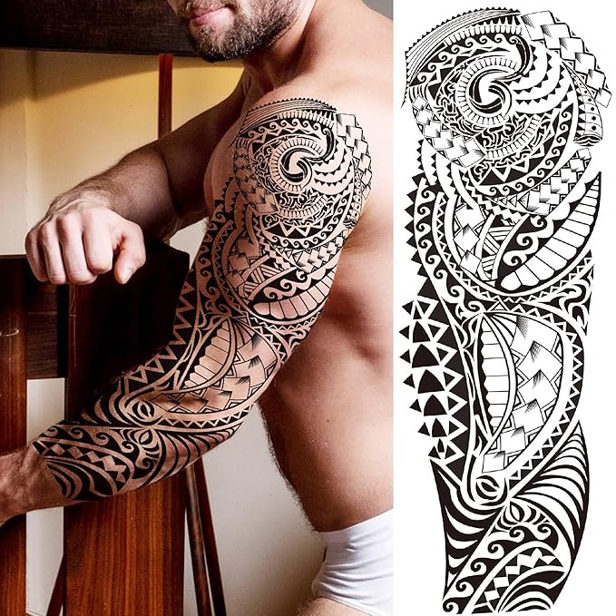 20 Sheets Maori Full Arm Sleeve Temporary Tattoos For Men Women Thigh, Fake Tattoo Sleeve For Adults, Tribal Indian Long Lasting Halloween Black Turtle Maori Tattoo Stickers Faith Belief Totem Armband