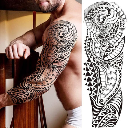 20 Sheets Maori Full Arm Sleeve Temporary Tattoos For Men Women Thigh, Fake Tattoo Sleeve For Adults, Tribal Indian Long Lasting Halloween Black Turtle Maori Tattoo Stickers Faith Belief Totem Armband