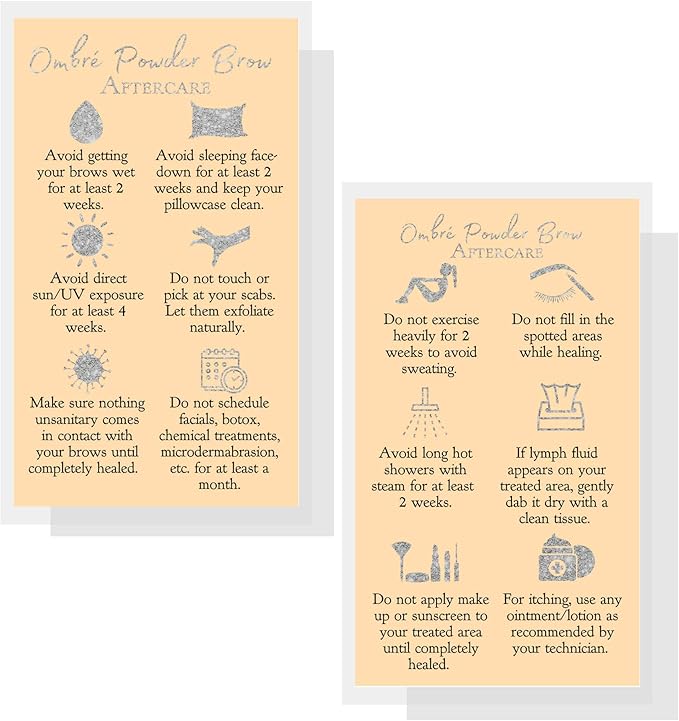 Ombre Powder Brow Aftercare Instructions Cards | Package of 50 | Double Sided Size 2x3.5" inches Business Card | Tan with Silver Glitter Look Design