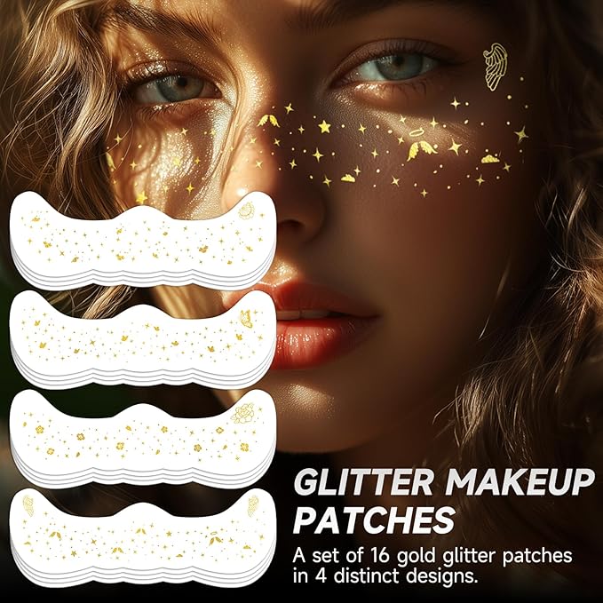 EMOME 16 PCS Gold Glitter Faux Freckles & 6 PCS 4th of July Faux Freckles & 14 PCS Independece Day Face Tattoos with 3 Sheets Face Gems