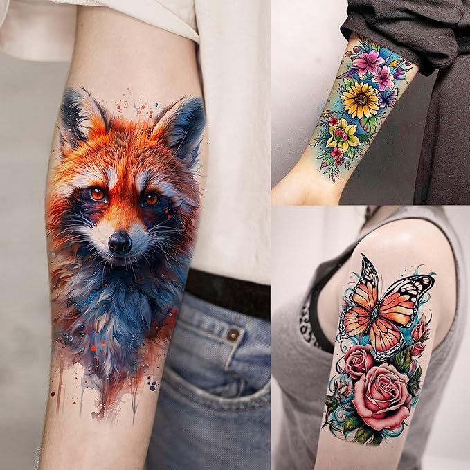 70 Sheets Watercolor Raccoon Phoenix Temporary Tattoos For Women Girls Adults, Water Color Tiger Lion Rose Flower Half Arm Sleeve Tattoo Stickers Peony Floral, Waterproof Fake Tattoos Butterfly Skull