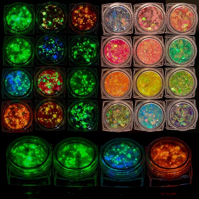 Glow in The Dark Chunky Glitter 12 Boxes Luminous Iridescent Glitter Tiffany Rose Yellow Flakes for Face Eyes Body Hair DIY Nail Art Decals (A)
