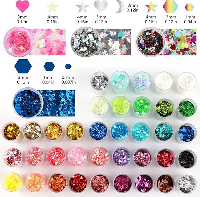 Holographic Chunky Glitter, Chunky and Fine Mix Sequins, Set of 40 Colors Festival, Iridescent Glitter for Crafts, Nails Face Tumbler Body Hair Painting Epoxy Art