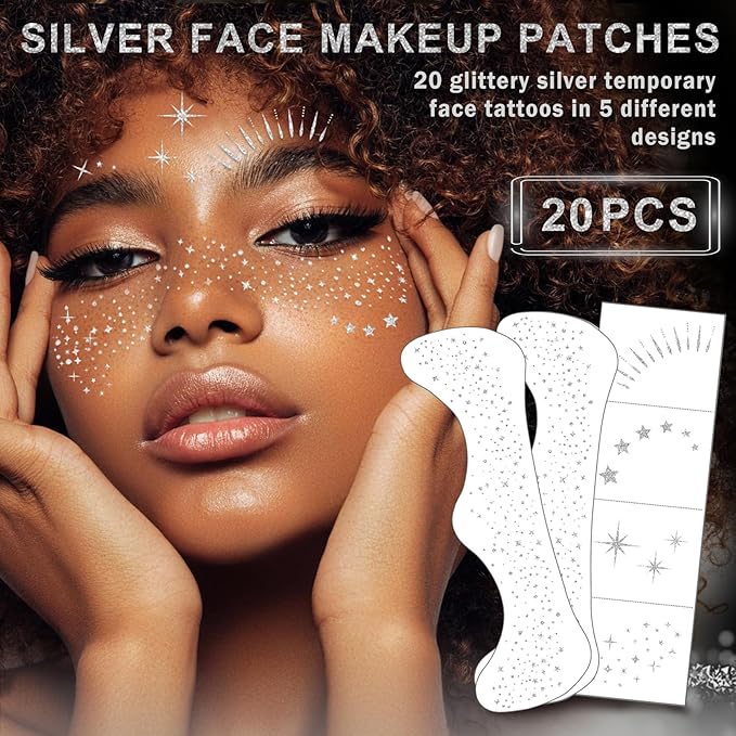 20 Sheets Glitter Freckles Face Tattoo Silver Glitter Freckles Temporary Face Tattoos Makeup Patches,Face Glitter Patches,Face Glitter Freckles Tattoos for Women