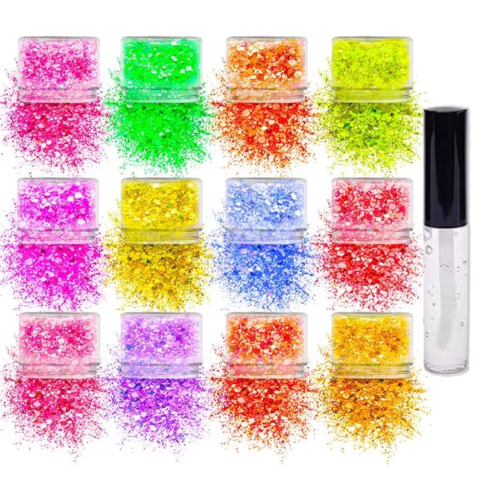 Neon Holographic Body Glitter I 12 Colors + 1 Glitter Glue for Face, Hair, Nail, Eye & Glitter Eyeshadow - Perfect for Halloween Makeup, Raves, Festivals, Resin, Tumblers, Cosmetic & Nail Art