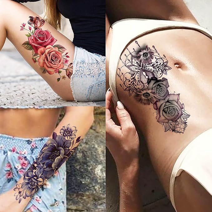 66 Sheets Peony Rose Flower Temporary Tattoos For Women Adults Thigh, 3D Lavender Butterfly Fake Tattoos Girls Arm Sleeve, Realistic Watercolor Floral Temp Tattoo Sticker Finger Tatoos Neck