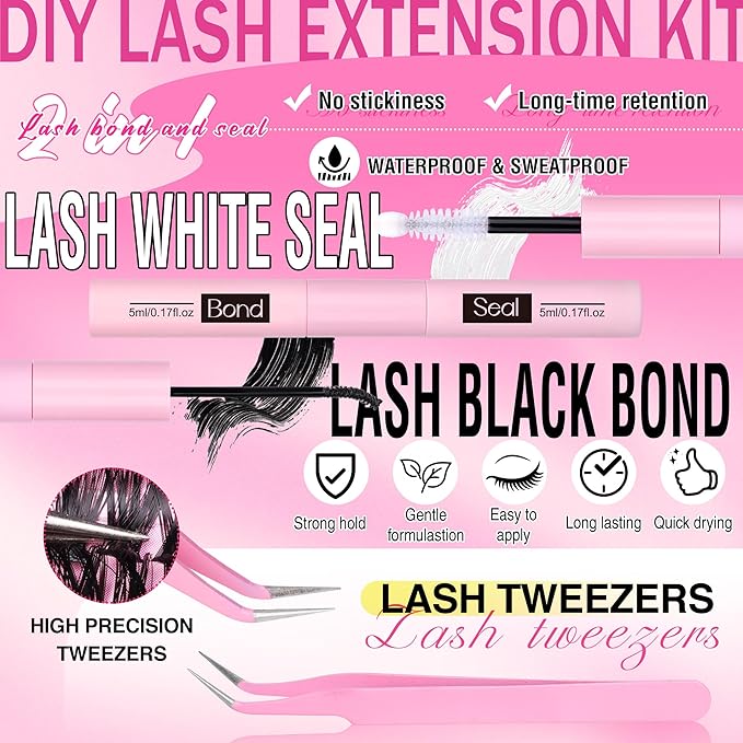 FANXITON DIY Lash Extension Kit 30D D Individual Lashes Lash Clusters Kit Cluster Lashes Lash Bond and Seal and Lash Tweezers for Lash Clusters Kit DIY at Home