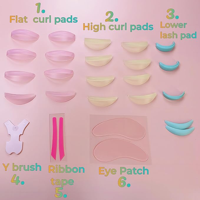 Eyelash Lift Shields Silicone Lash Curlers 8 Size Lifting Pads Jelly Lami Lamination Roller - Upper, Lower Perm Rod Perming Set with Ribbon Compensator, Eye Patch, Y Brush Tool-U Curl Shield