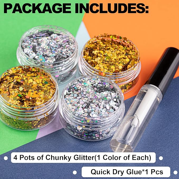 2 Colors of Holographic Chunky Glitter with Quick Dry Glue Pack 3, 4 Pots Total 40g Multi-Shaped for Body Hair Face Eyes Make-up, Nail Art and Bedazzling in Party/Concert/Events Glitter