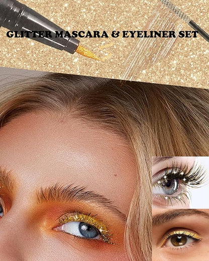Metallic Gold Glitter Mascara and Liquid Eyeliner Pen Waterproof, Colored Shimmer Mascara Volume and Length Lash and Eye Liner for Women Volumizing Long Lasting for Eyelashes Makeup-Set B