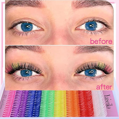 Colored Lash Clusters 300Pcs Individual Lashes D Curl 14mm/16mm Mixed 8 Colors Rainbow DIY Eyelash Extension Colorful Cluster Lashes with White Eyelash Clusters Pack
