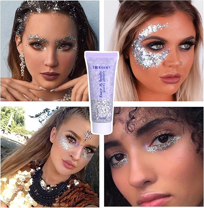 Body Glitter, Silver Face Glitter & 4 Sheets Face Gems Sticker Singer Concerts Music Festival Rave Accessories Mermaid Face Glitter Face Paint Chunky Hair Sparkling Body Glitter for Women 50ml