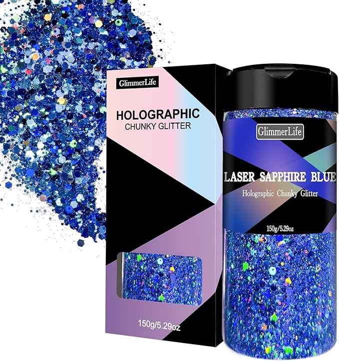 GlimmerLife Glitter 150G/5.29OZ Blue Glitter, Holographic Chunky Glitter, Craft Glitter for Resin, Metallic Iridescent Sequin Flakes Bulk, Nail Glitter for Makeup Face, Body Eye, Epoxy Tumblers