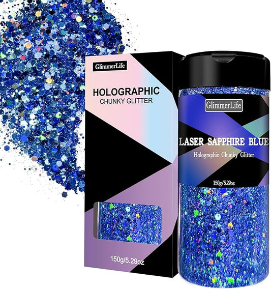 GlimmerLife Glitter 150G/5.29OZ Blue Glitter, Holographic Chunky Glitter, Craft Glitter for Resin, Metallic Iridescent Sequin Flakes Bulk, Nail Glitter for Makeup Face, Body Eye, Epoxy Tumblers