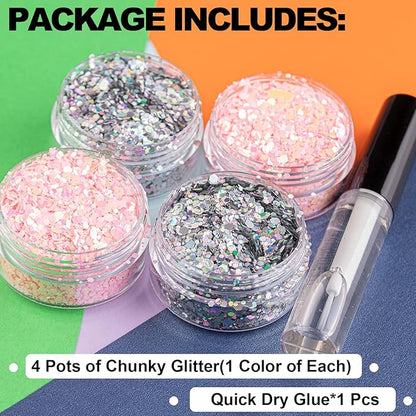 2 Colors of Holographic Chunky Glitter with Quick Dry Glue Pack 4, 4 Pots Total 40g Multi-Shaped for Body Hair Face Eyes Make-up, Nail Art and Bedazzling in Party/Concert/Events Glitter