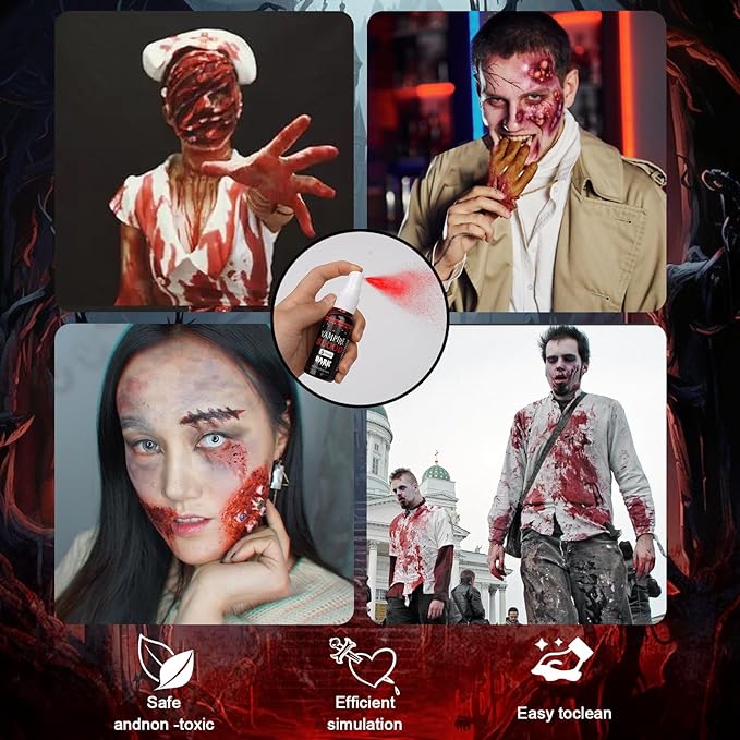 Vampire Blood and Fangs Makeup Kit,Vampire Teeth Costume 4 Size Fake Teeth,1 Fake Blood Spray,1 Dripping Blood,3 Blood Capsules,1Coagulated Blood Gel and 1 Sponges for Halloween Vampire Cosplay Makeup