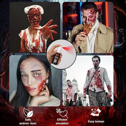Vampire Blood and Fangs Makeup Kit,Vampire Teeth Costume 4 Size Fake Teeth,1 Fake Blood Spray,1 Dripping Blood,3 Blood Capsules,1Coagulated Blood Gel and 1 Sponges for Halloween Vampire Cosplay Makeup