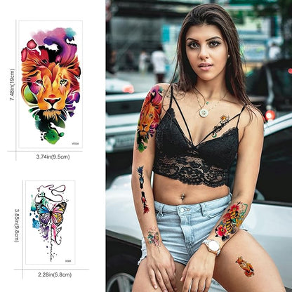 3D Watercolor Temporary Tattoo for Women Men, Colorful Small Half Arm Tattoos Flower Butterfly Cat Fake, Tiny Tattoo Sticker Tiger Wolf Waterproof