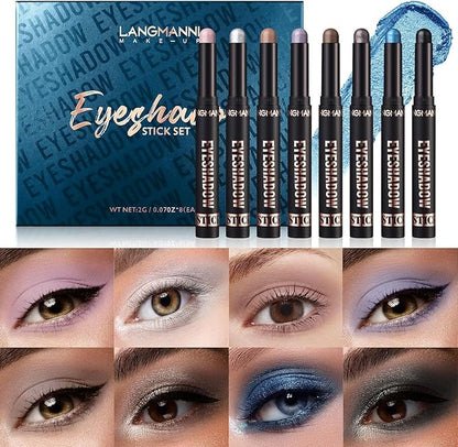 BestLand 8 Pcs Cream Eyeshadow Stick, Highlighter Makeup Stick Set Long-Lasting Waterproof, Crease-proof, Blendable Eye Shadow Applicator Sticks Eyeliner Pen Eye Makeup (Color Set C)