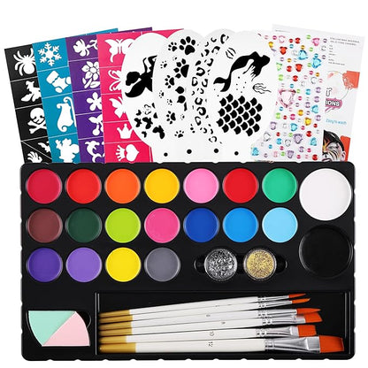 CCbeauty 180pcs Face Painting Kit for kids - 20 Water Based Kids Face Paint Non Toxic Sensitive Washable with 40+4 Reusable Stencils 6 Wood Brushes Glitter,Christmas Birthday Cosplay Costume Party