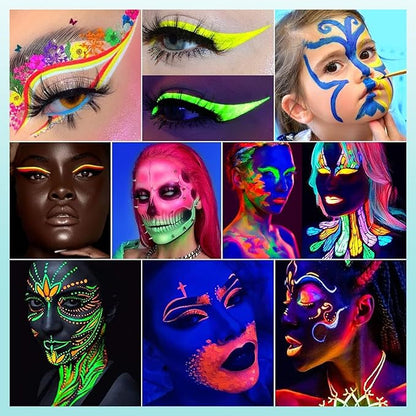 CCbeauty Large UV Glow Face Body Paint Palette, 8 Neon Glow In BlackLights Painting Kit, Water Activated Eye Liner, Safe Washable for Kids Adult, Halloween Costume Masquerades Club Makeup + 10 Brushes