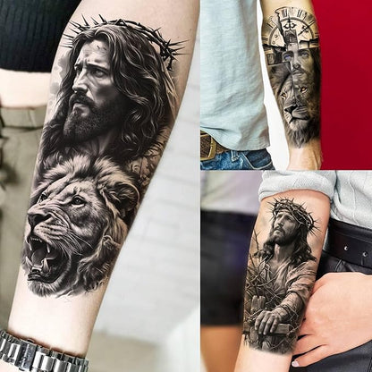 74 Sheets Jesus Christ Temporary Tattoos For Women Men, 12 Sheets Half Arm Large Religious God Christian Lion Cross Fake Tattoos Adults, 62 Sheets Realistic Angels Virgin Mary Tattoos Stickers Faith