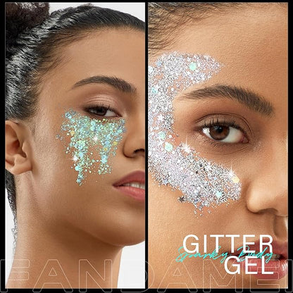 FANDAMEI Face Glitter, Body Glitter for Women, 2 Palette 8 Colors Glitter Gel for Face, Hair Glitter for Kids, Fairy Rave Mermaid Makeup