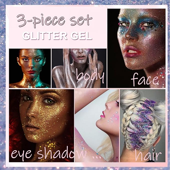 Body Glitter Gel Set Holographic Glitter Festival Makeup for Face Hair Eye Rave Mermaid Accessories Shimmer Glitter