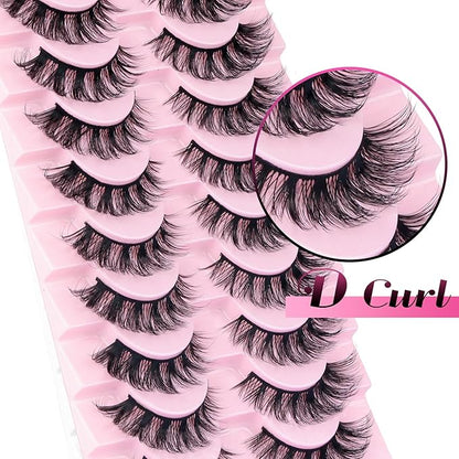 Ahrikiss Russian Strip Lashes D Curl False Eyelashes Fluffy Wispy Faux Mink Lashes 10 Pairs Pack (D07)