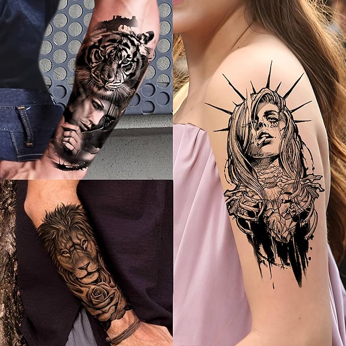 20 Sheets Black Tribal Wolf Tiger Lion Temporary Tattoo Sleeve For Men Adults, 3D Halloween Prison Gothic Maori Sleeve Tattoos For Women, Fake Full Arm Sleeve Tattoo Stickers Skull Skeleton