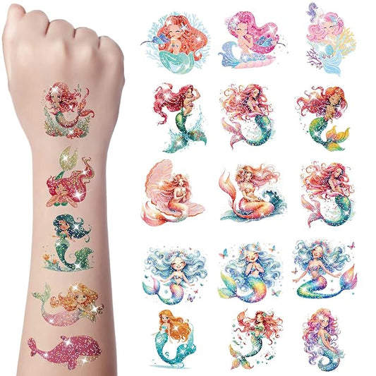 72 PCS Glitter Mermaid Tattoos for Kids Waterproof Tattoos Face Tattoos for Girls Fake Tattoo Stickers for Mermaid Party Favors under the Sea Mermaid Birthday Decorations Temporary Tattoos