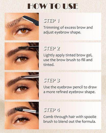 Waterproof Tinted Brow Gel Kit,1 Brown Tinted Eyebrow Mascara Gel & 1 Eyebrow Pencil Dark Brown, Brow Filler Lift Fast Sculpt Waterproof Eyebrow Gel Glue, Eye Brow Makeup with Brow Razor & Brush-Set 5