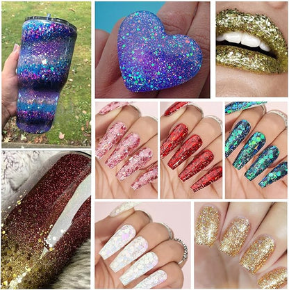 4 Colors of Holographic Chunky Glitter with Quick Dry Glue Pack 5, 4 Pots Total 40g Multi-Shaped for Body Hair Face Eyes Make-up, Nail Art and Bedazzling in Party/Concert/Events Glitter