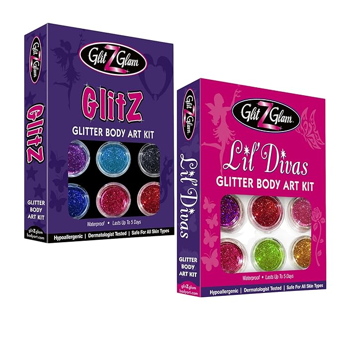 Glitter Tattoo Kit- NEW GLITZ and Lil Divas- with 6 Large Glitters & 12 Stencils - HYPOALLERGENIC and DERMATOLOGIST TESTED! - for boys & Girls. Children Tattoos by GlitZGlam Body Art